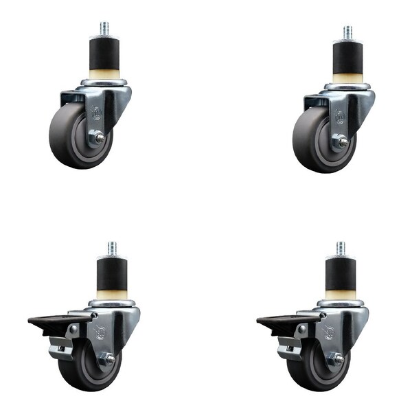 3'' Thermoplastic Rubber Wheel Swivel 1-7/8'' Expanding Stem Caster Set 2 Brakes, 4PK